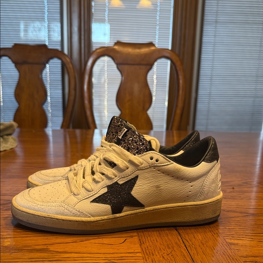 Golden Goose Ballstar Sneaker, with black sparkle star and sparkle tounge